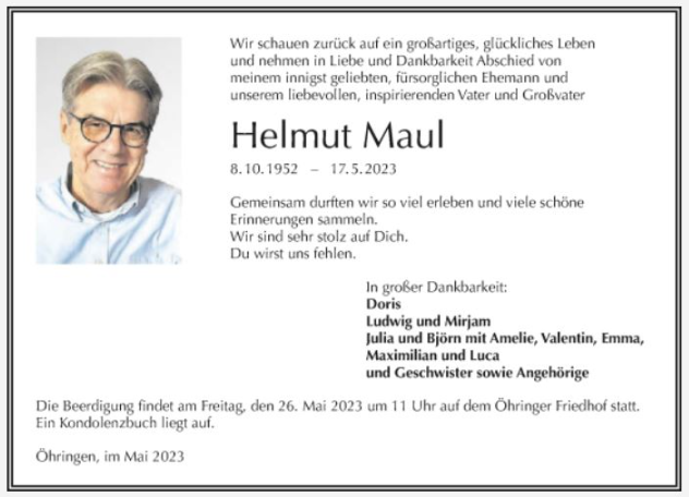Traueranzeige Helmut Maul